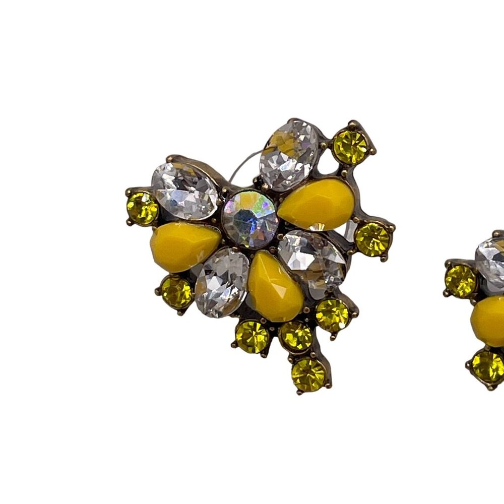 Yellow Rhinestone Crystal Floral Stud Earrings Silver Tone Evening Cocktail - Picture 2 of 4